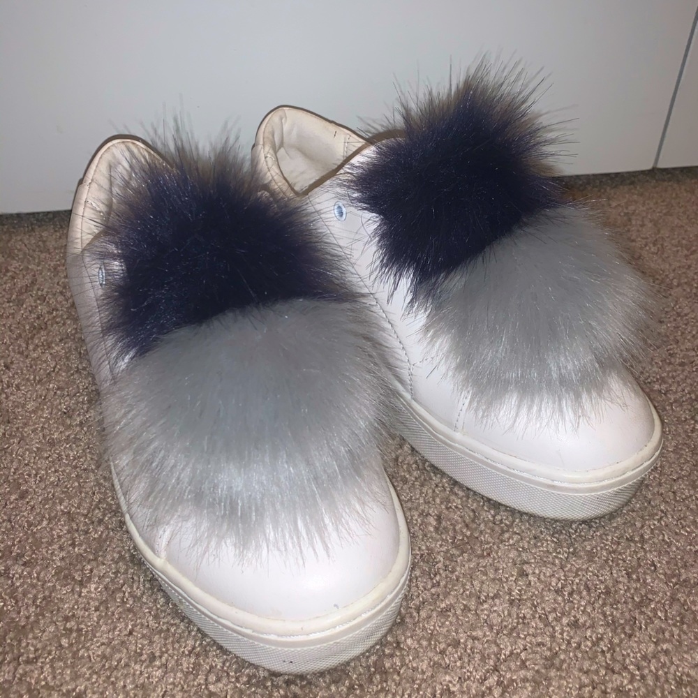 White Sam Edelman Sneakers with Grey and Navy Poms